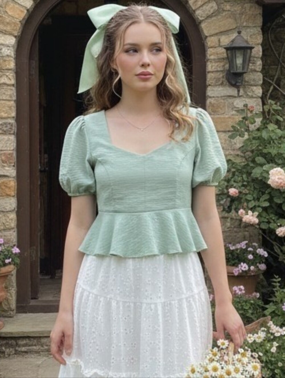 Alterd State Sage Green Corset Lace Up Peplum Top Medieval Cottagecore M